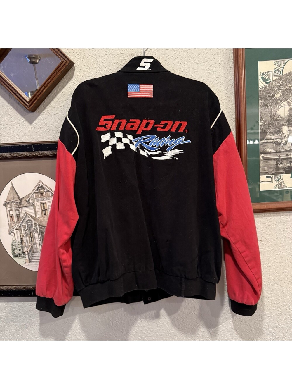 Vintage Snap on Racing Jacket Mens 2XL Red Black Embroidered Bomber Varsity USA